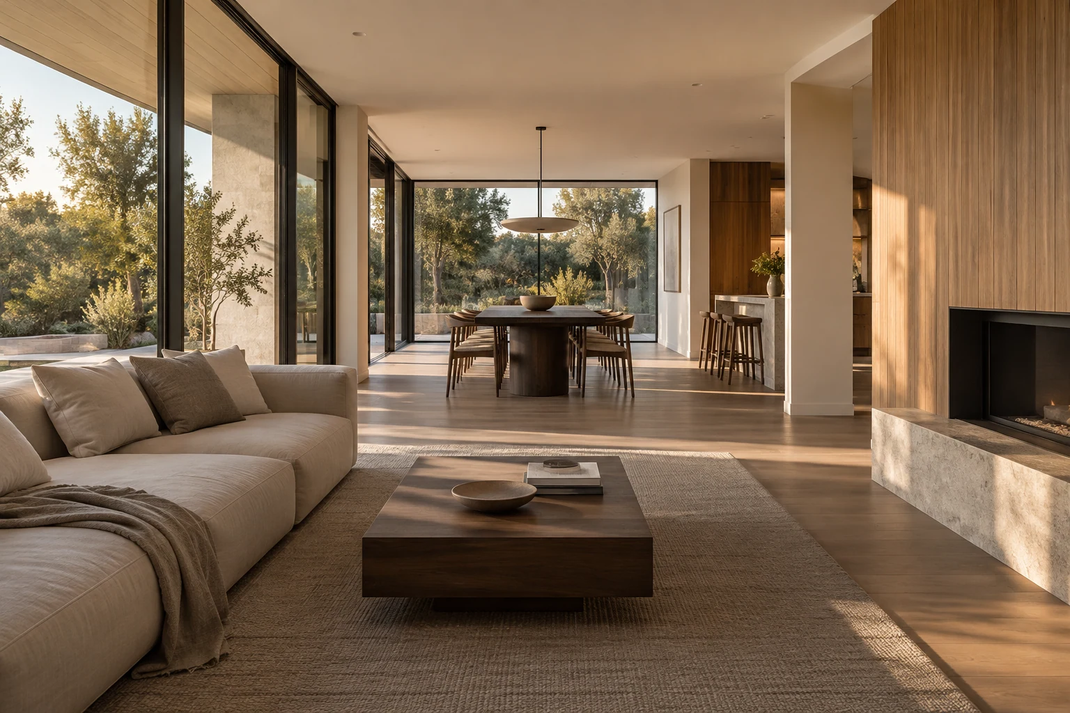 Visualización de un interior residencial con living, comedor y terminaciones en madera